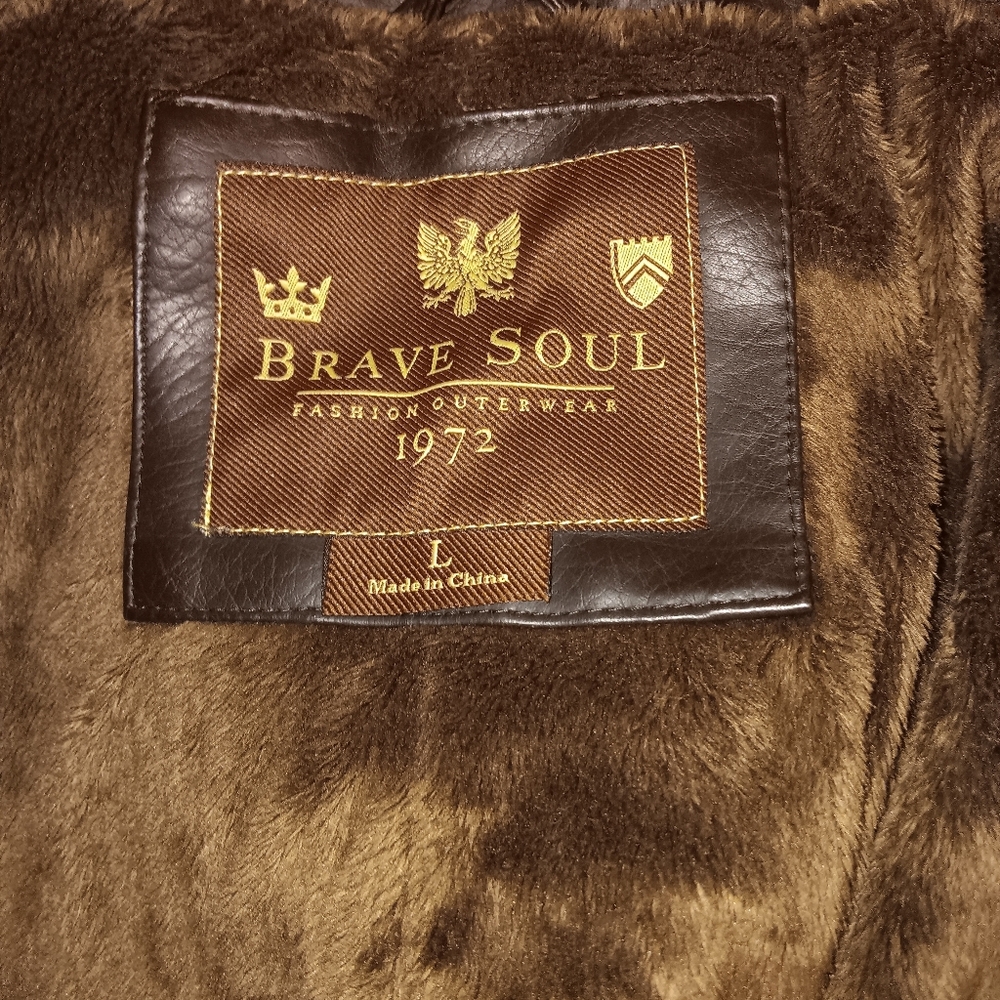 Brave Soul Black Lrather Jacket Interior Brown Fur